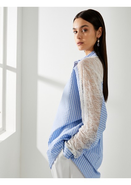 Dantel Detaylı Gömlek Uzun Kollu Düğmeli Manşet Yaka