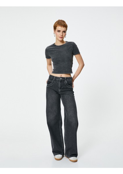 Crop Tişört Soluk Efektli Kısa Kollu Bisiklet Yaka Slim Fit Pamuklu