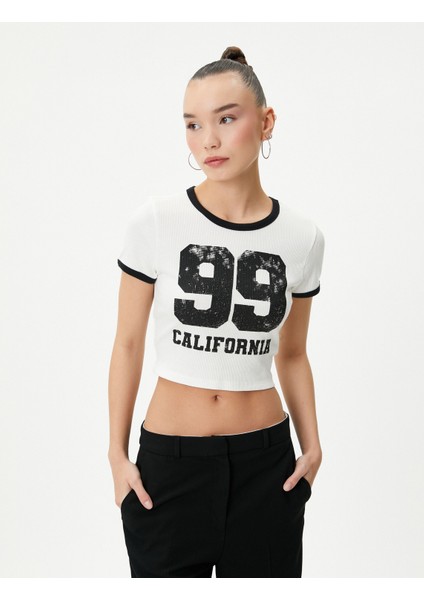 Kolej Crop Tişört Baskılı Biyeli Kısa Kollu Bisiklet Yaka Pamuklu Fitilli modelleri