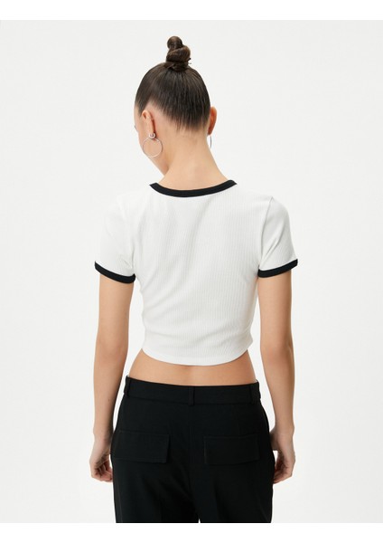 Kolej Crop Tişört Baskılı Biyeli Kısa Kollu Bisiklet Yaka Pamuklu Fitilli fırsatları