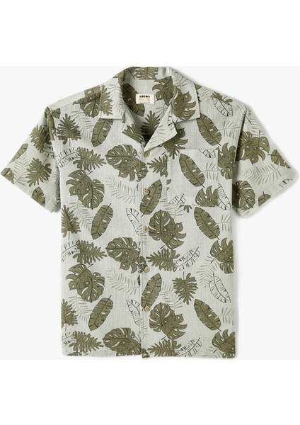 Kısa Kollu Gömlek Floral Baskılı Pamuklu Cep Detaylı