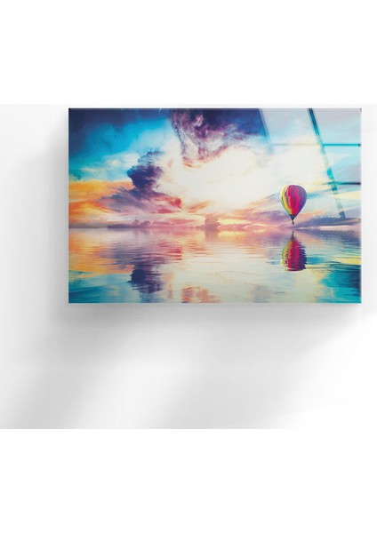 Balonla Deniz Manzarası Cam Duvar Tablosu