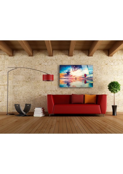 Balonla Deniz Manzarası Cam Duvar Tablosu modelleri