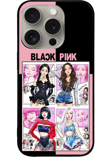 Apple iPhone 15 Pro ile Uyumlu Silikon Arkası Cam Kapak Blackpink Tasarımlı Cam Kılıf