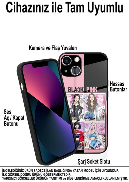 Apple iPhone 15 Pro ile Uyumlu Silikon Arkası Cam Kapak Blackpink Tasarımlı Cam Kılıf