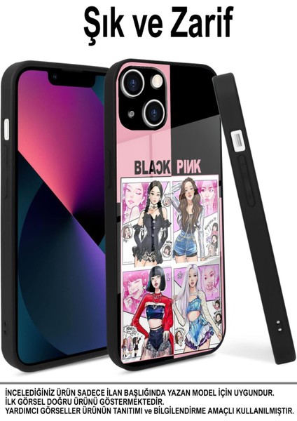 Apple iPhone 15 Pro ile Uyumlu Silikon Arkası Cam Kapak Blackpink Tasarımlı Cam Kılıf