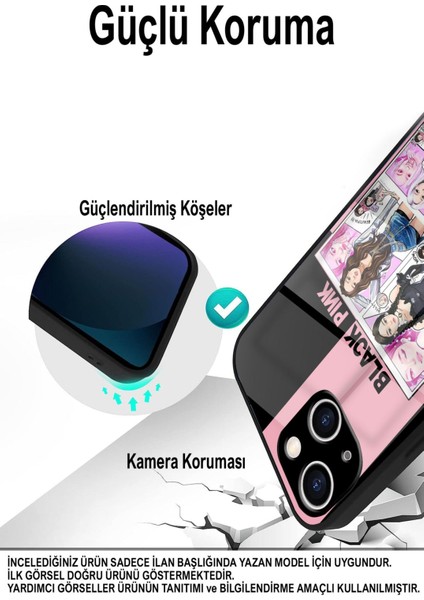 Apple iPhone 15 Pro ile Uyumlu Silikon Arkası Cam Kapak Blackpink Tasarımlı Cam Kılıf