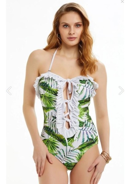 Aregento Yaprak Desenli Fırfırlı Straplez Mayo 8056 modelleri