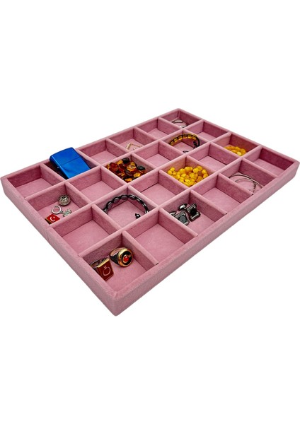 Bölmeli Takı ve Aksesuar Tablası Pembe Süet