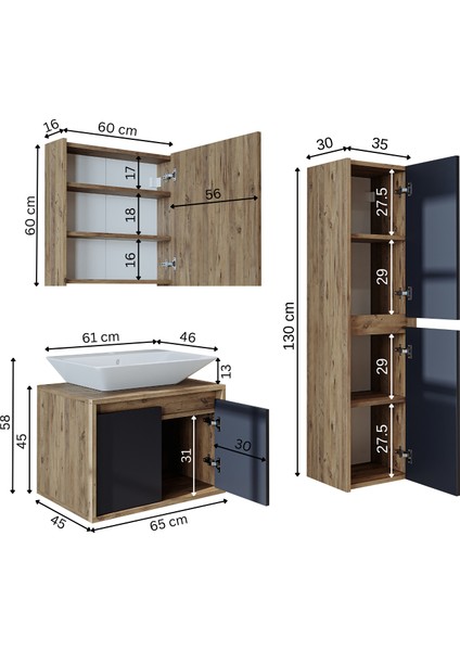 Banos Banyo Roomart tm7.3 Lavabolu Ahşap-Antrasit Mdf 65 cm Banyo Dolabı+Aynalı Banyo Üst Dolap+Banyo Boy Dolabı