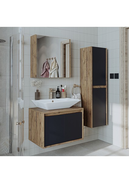 Banos Banyo Roomart tm7.3 Lavabolu Ahşap-Antrasit Mdf 65 cm Banyo Dolabı+Aynalı Banyo Üst Dolap+Banyo Boy Dolabı