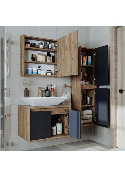 Banos Banyo Roomart tm7.3 Lavabolu Ahşap-Antrasit Mdf 65 cm Banyo Dolabı+Aynalı Banyo Üst Dolap+Banyo Boy Dolabı