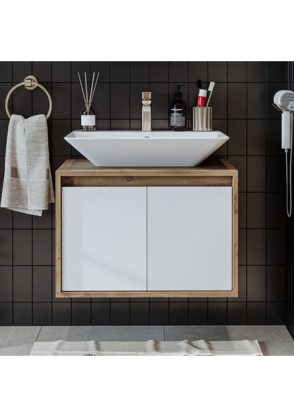 Roomart Ld7 Ayaksız 2 Kapaklı Lavabolu Ahşap-Mat Beyaz Mdf 65 cm Banyo Dolabı