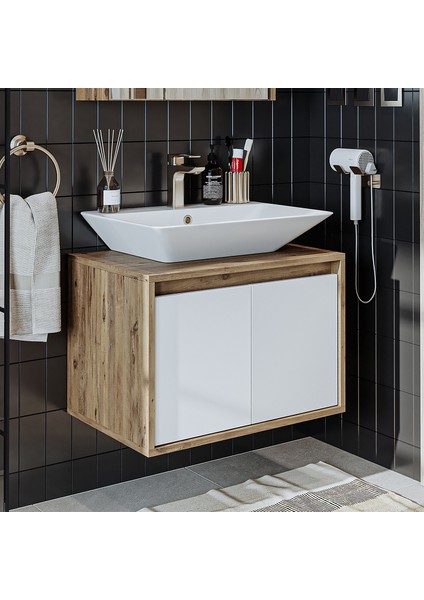 Roomart Ld7 Ayaksız 2 Kapaklı Lavabolu Ahşap-Mat Beyaz Mdf 65 cm Banyo Dolabı fırsatları