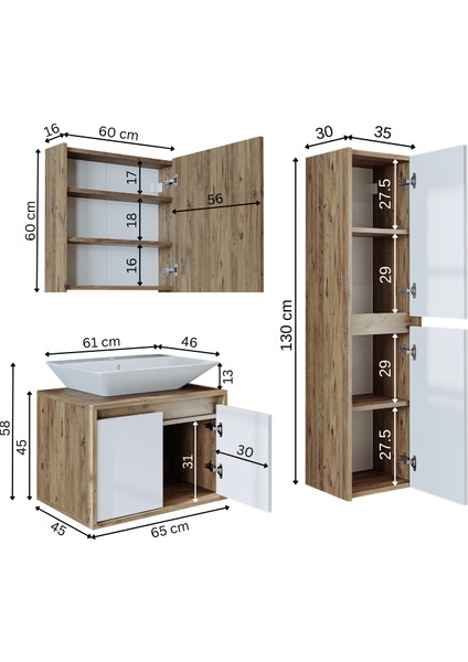 Banos Banyo Roomart tm7.3 Lavabolu Ahşap-Mat Beyaz Mdf 65 cm Banyo Dolabı+Aynalı Banyo Üst Dolap+Banyo Boy Dolabı