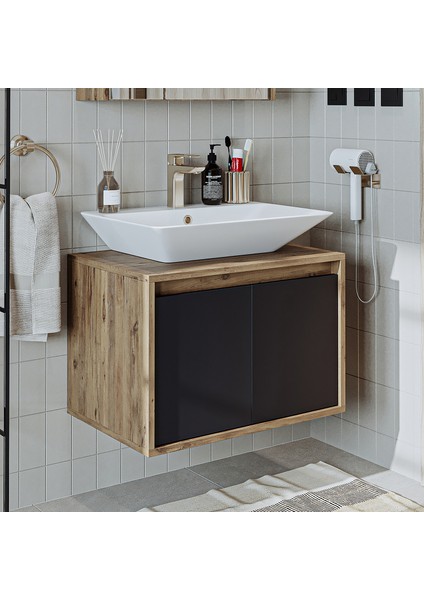 Banos Banyo Roomart Ld7 Ayaksız 2 Kapaklı Lavabolu Ahşap-Antrasit Mdf 65 cm Banyo Dolabı BANOS1707