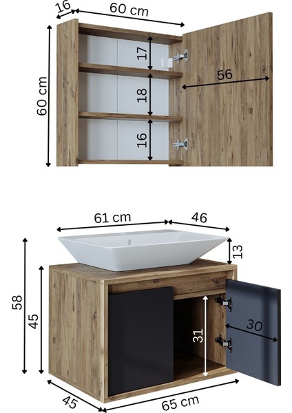 Banos Banyo Roomart Tm7.2 Lavabolu Ahşap-Antrasit Mdf 65 cm Banyo Dolabı + Aynalı Banyo Üst Dolabı BANOS1711