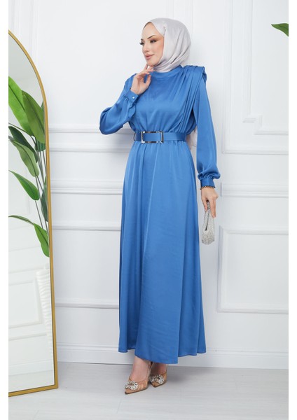 İndigo Omuz Piliseli Kemerli Saten Abiye modelleri