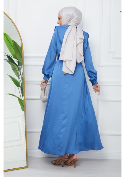 İndigo Omuz Piliseli Kemerli Saten Abiye fırsatları