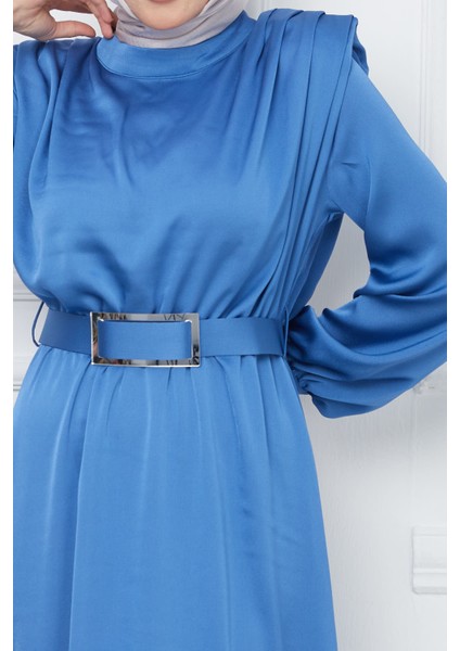 İndigo Omuz Piliseli Kemerli Saten Abiye indirimleri