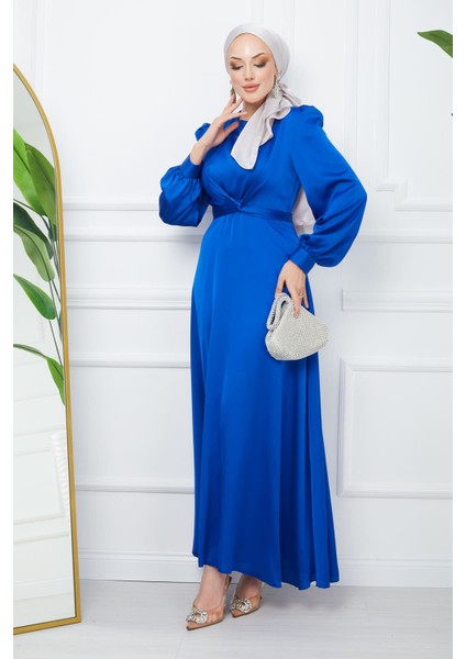 Saks Mavi Bağlama Detaylı Saten Abiye