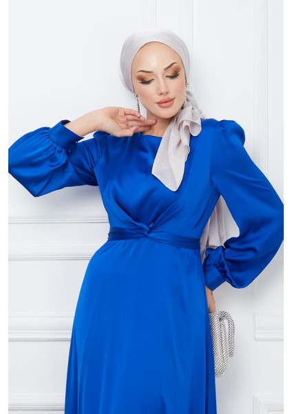 Saks Mavi Bağlama Detaylı Saten Abiye fiyatları