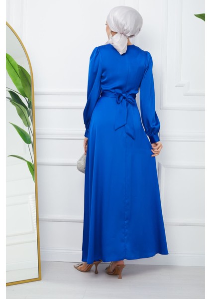 Saks Mavi Bağlama Detaylı Saten Abiye fırsatları