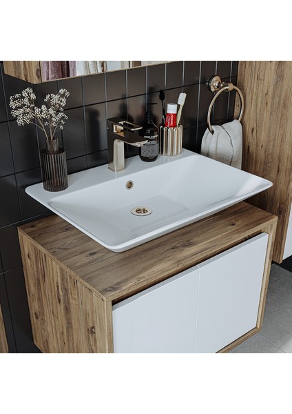 Banos Banyo Roomart Tm7.2 Ayaksız 2 Kapaklı Lavabolu Ahşap-Mat Beyaz Mdf 65 cm Banyo Dolabı + Aynalı Banyo Üst Dolabı