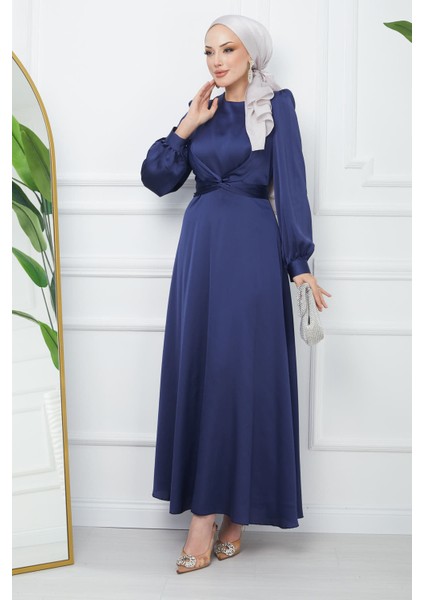 Lacivert Bağlama Detaylı Saten Abiye