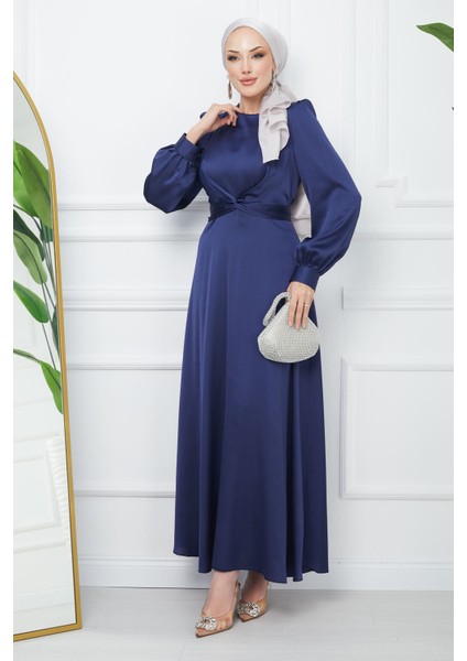 Lacivert Bağlama Detaylı Saten Abiye fiyatları