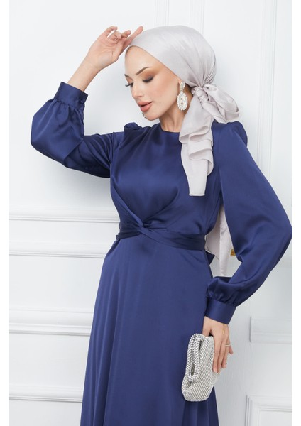 Lacivert Bağlama Detaylı Saten Abiye modelleri