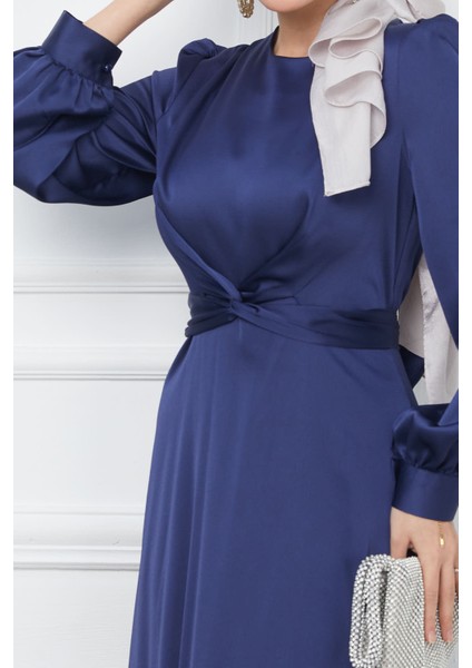 Lacivert Bağlama Detaylı Saten Abiye indirimleri