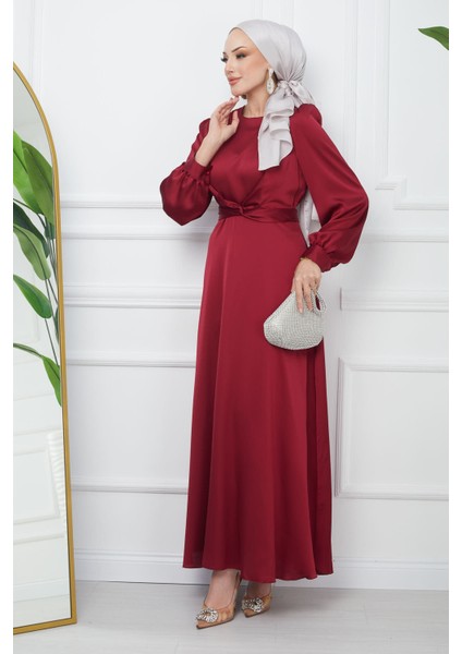 Bordo Bağlama Detaylı Saten Abiye