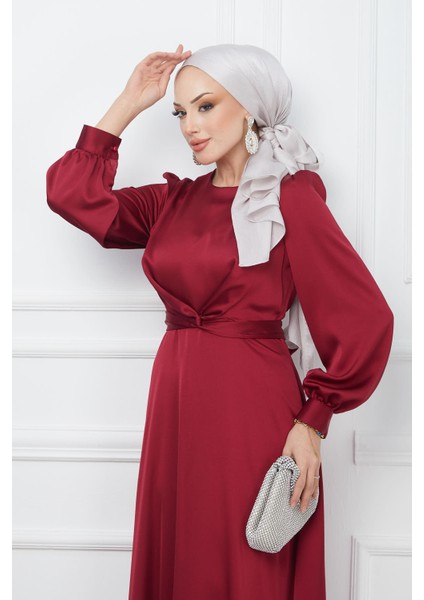 Bordo Bağlama Detaylı Saten Abiye