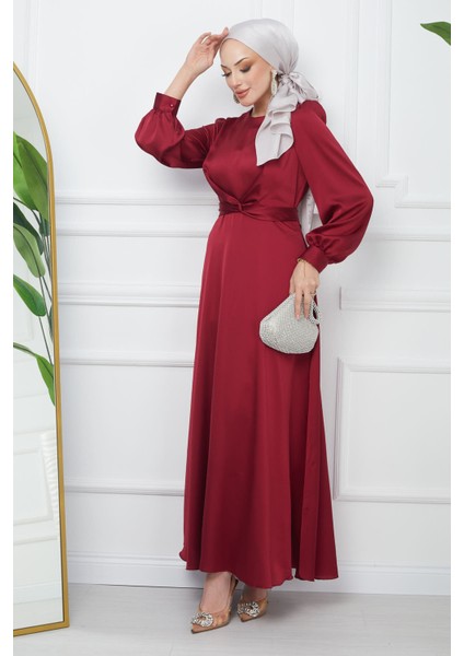 Bordo Bağlama Detaylı Saten Abiye