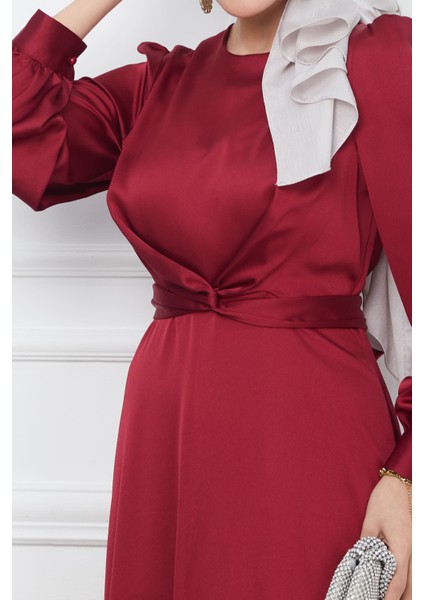 Bordo Bağlama Detaylı Saten Abiye