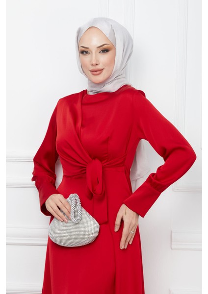 Kırmızı Bağlamalı Saten Abiye modelleri