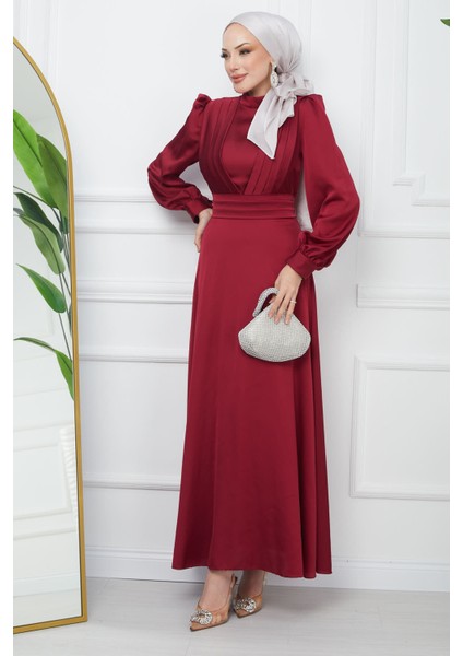 Bordo Omuz Piliseli Saten Abiye fiyatları