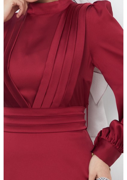 Bordo Omuz Piliseli Saten Abiye indirimleri