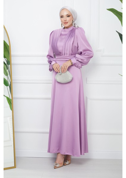 Açık Lila Omuz Piliseli Saten Abiye