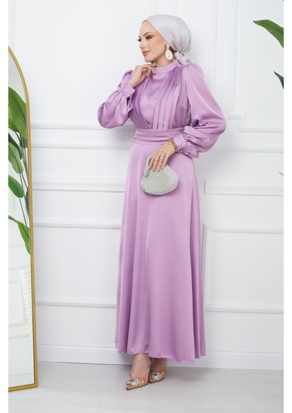 Açık Lila Omuz Piliseli Saten Abiye modelleri