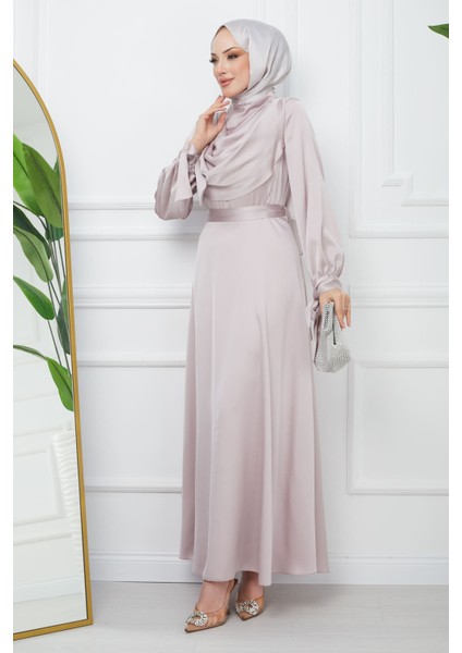 Gold Yaka Detaylı Kol Bağlamalı Saten Abiye modelleri