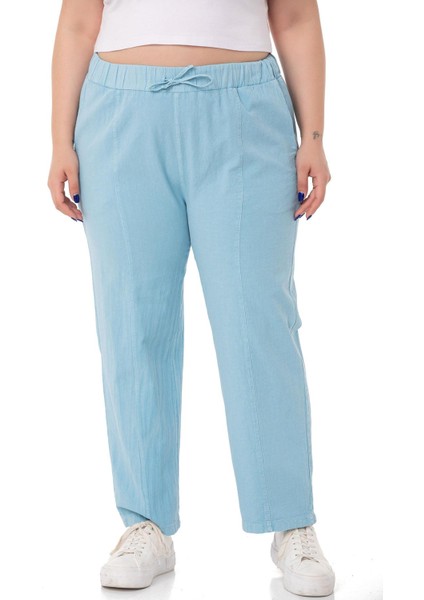Büyük Beden Beli Lastikli ve Ip Büzgü Detaylı Mavi Pantolon