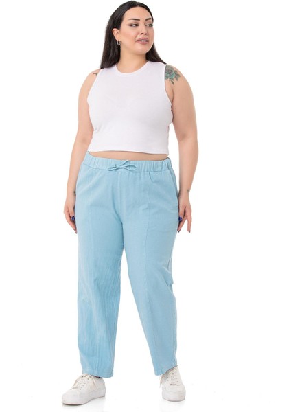 Büyük Beden Beli Lastikli ve Ip Büzgü Detaylı Mavi Pantolon fiyatları