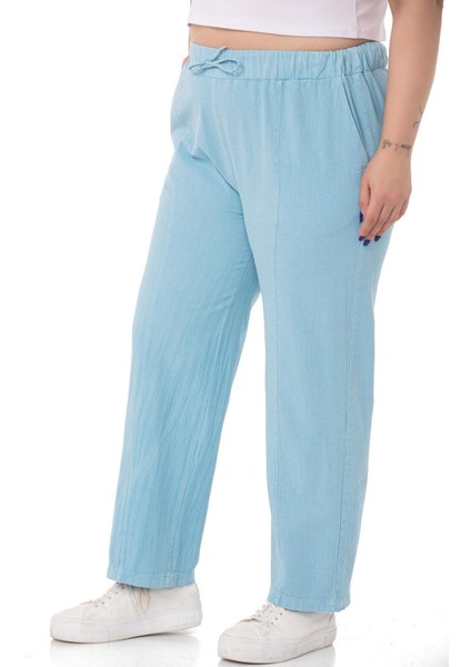 Büyük Beden Beli Lastikli ve Ip Büzgü Detaylı Mavi Pantolon indirimleri