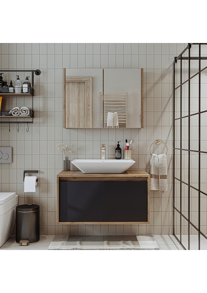 Banos Banyo Roomart Tm7.2 Ahşap-Antrasit Mdf 85 cm Banyo Dolabı + Aynalı Banyo Üst Dolabı BANOS1710