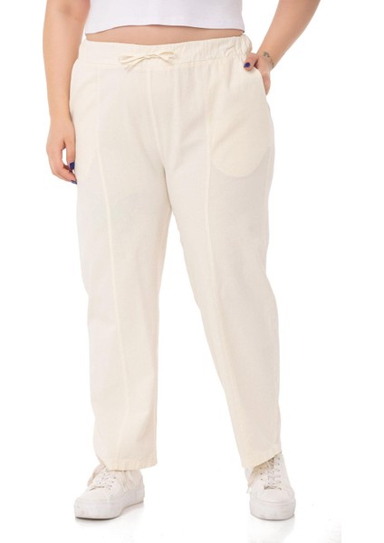 Büyük Beden Beli Lastikli ve Ip Büzgü Detaylı Ekru Pantolon