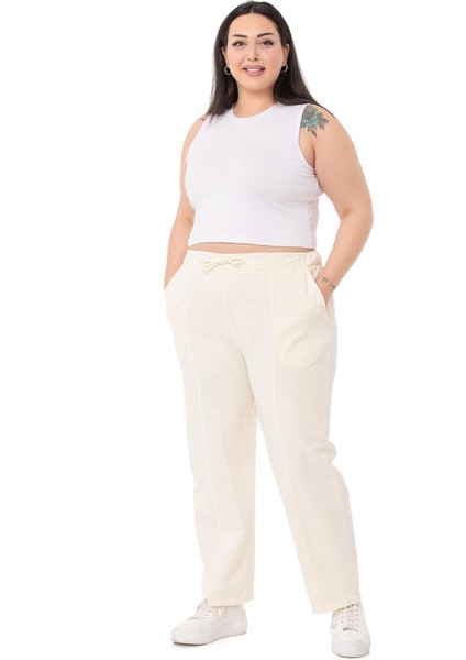 Büyük Beden Beli Lastikli ve Ip Büzgü Detaylı Ekru Pantolon fiyatları