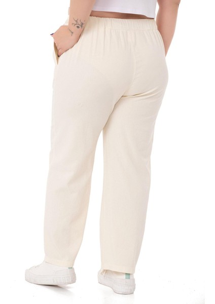 Büyük Beden Beli Lastikli ve Ip Büzgü Detaylı Ekru Pantolon modelleri