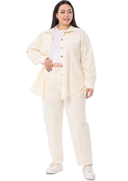 Büyük Beden Beli Lastikli ve Ip Büzgü Detaylı Ekru Pantolon fırsatları